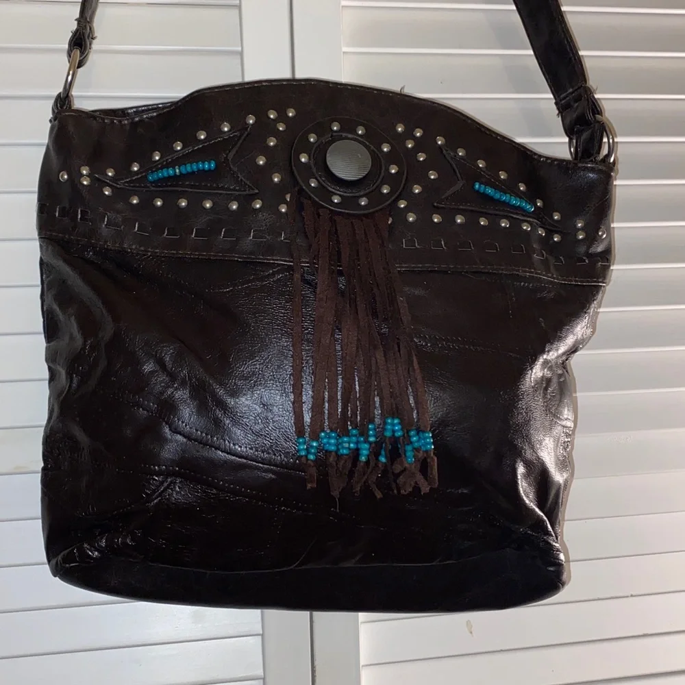 Western Cowgirl-Bohemian Brown with Turquoise Beads-Fringe Studded Crossbody